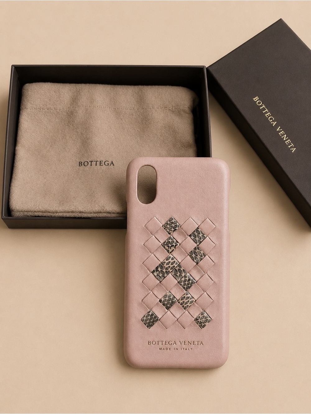 Bottega Intrecciato Leather IPhine X Phone Case with Snakeskin Inlay